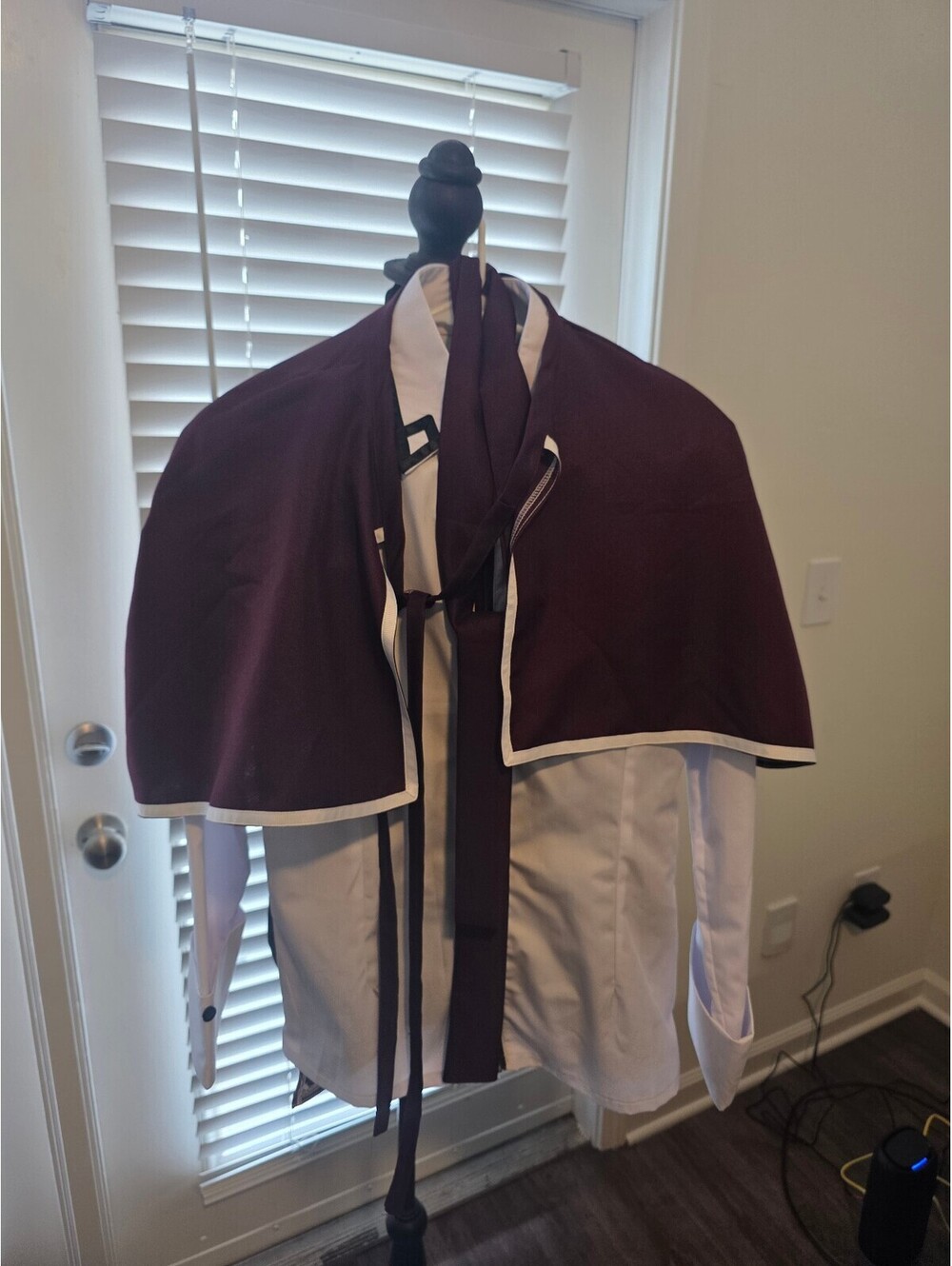 Cosplay Style White Shirt with Burgundy Capelet Collar